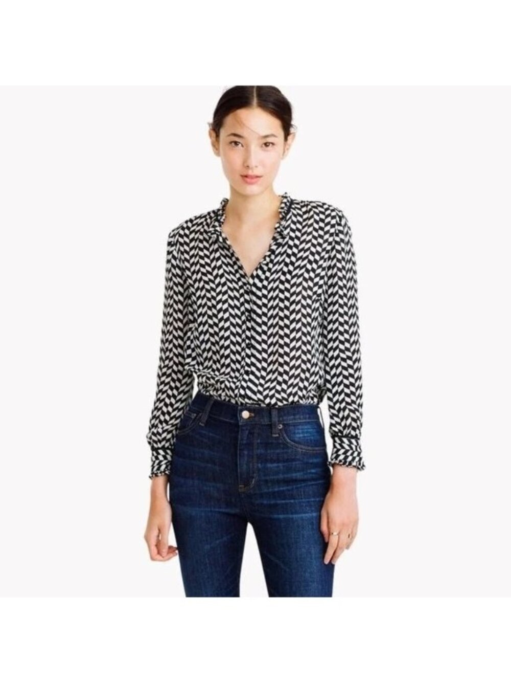 J. Crew 100% Silk Black/White Geometric Blouse, Grosgrain Ribbon, Size 12
